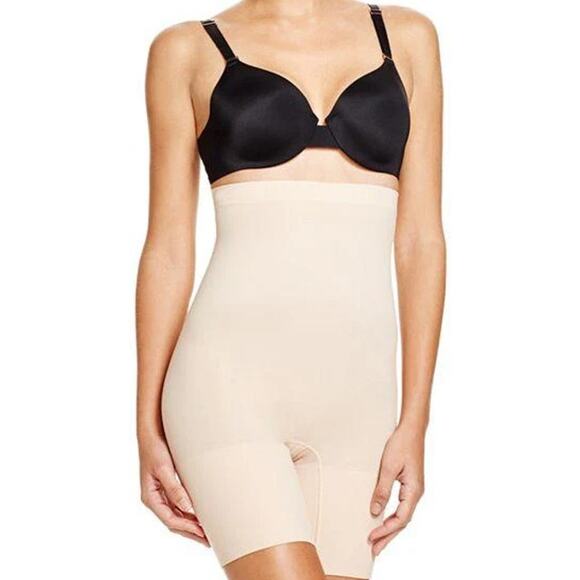 Spanx Higher Power Shorts Shapewear High Waisted Pull On Stretch Ruched Tan M - Picture 1 of 6